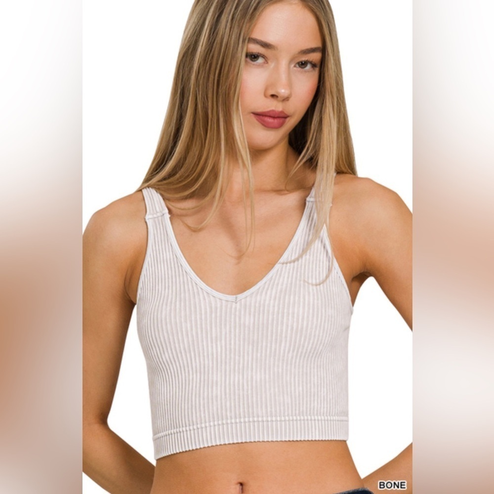 NWOT Zenana Washed Ribbed Cropped Seamless V-Neck Tank Top